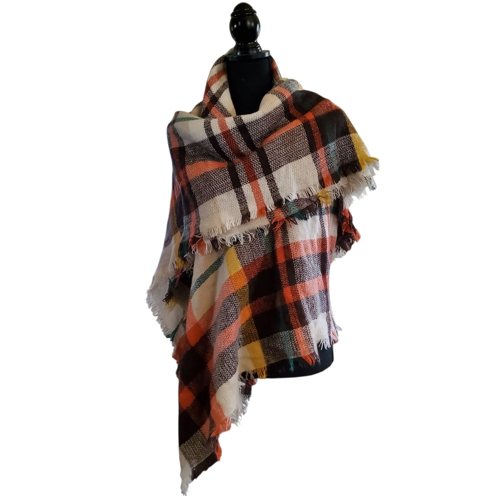 Tartan Plaid Blanket‎ Scarf Shawl Wrap Orange Ivory Dark Brown Cozy Cottagecore